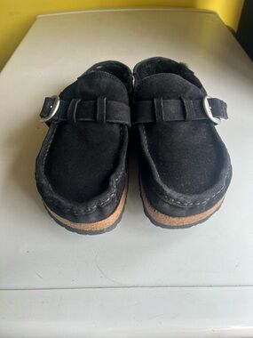 Birkenstock Black Suede Buckle Slip-On Clogs